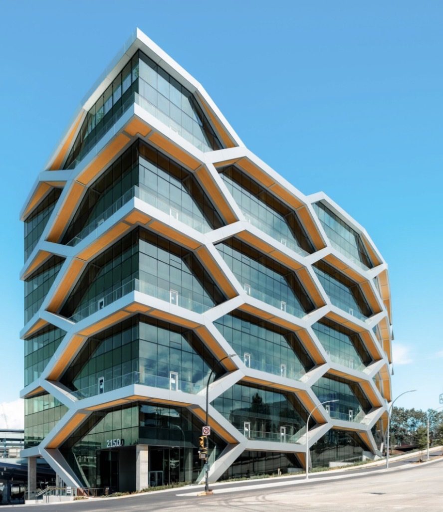 The Hive, a 10-storey mass-timber office building with a hexagonal perimeter bracing facade