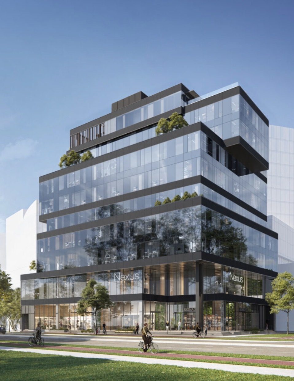 Architectural rendering of Nexus, a 10-storey glass office building with cantilevered upper floors