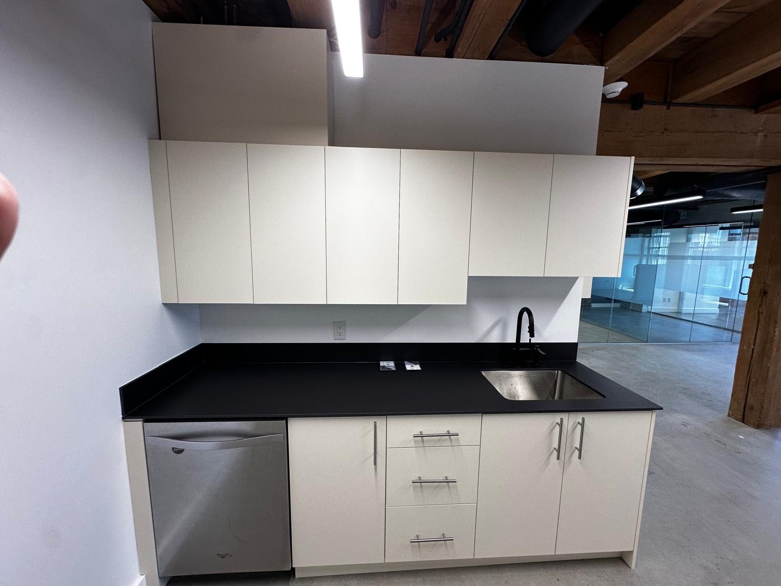 Kitchen with new white cabinetry, black countertop and stainless dishwasher